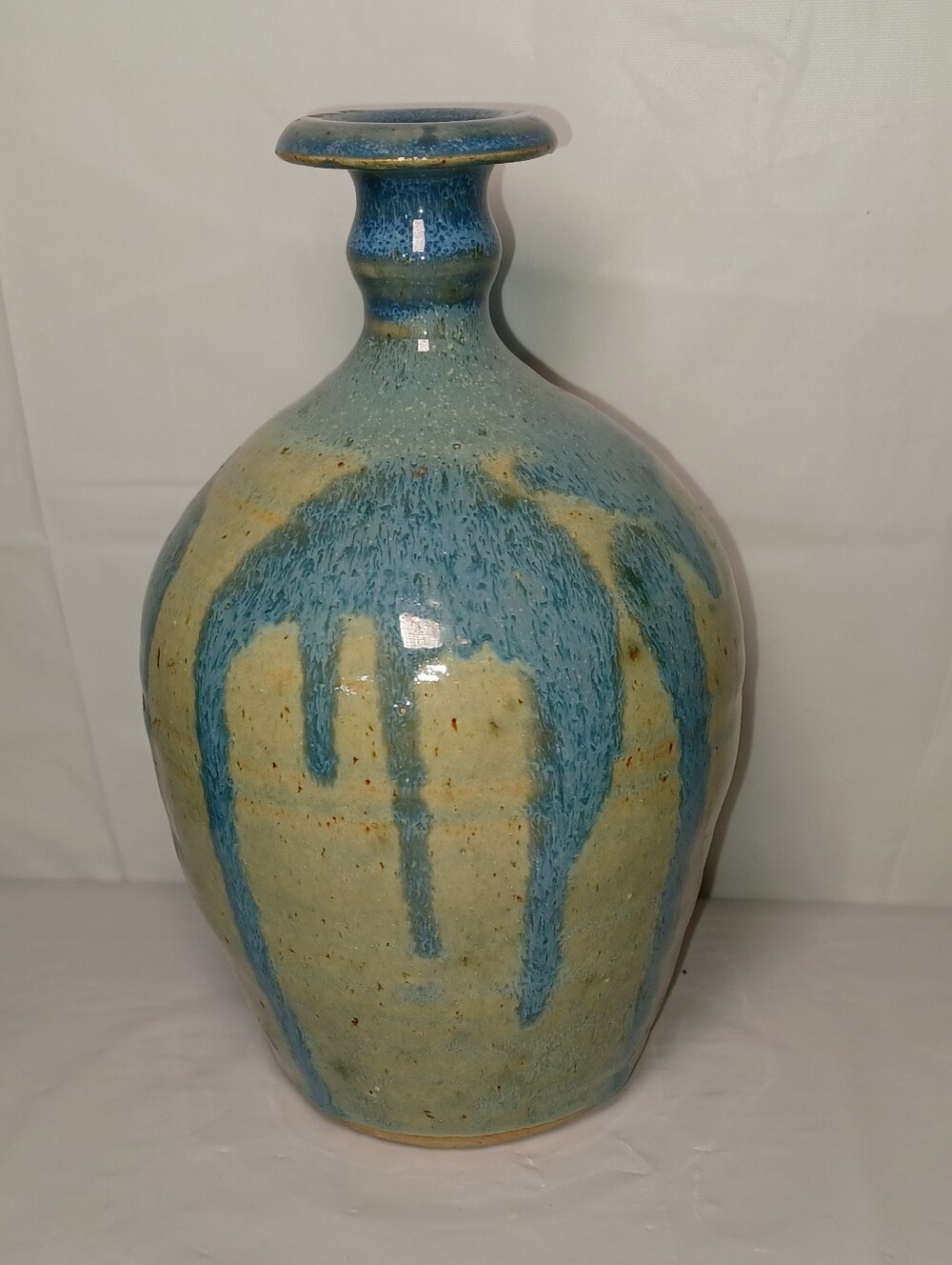 Hand Thrown Studio Pottery Blue Drip Glaze Stoneware Vase Signed On Base